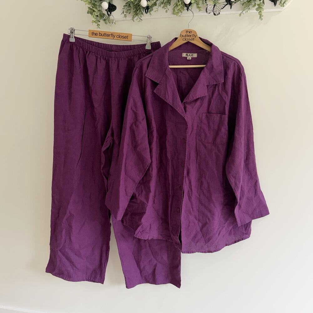 Flax 1X Linen Purple Wide Leg Pant And Button Down Long Sleeve Shirt Set U5624